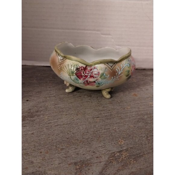 Antique Moriage Noritake Hand-Painted Footed Porcelain Bowl With Floral Design & - Picture 6 of 9